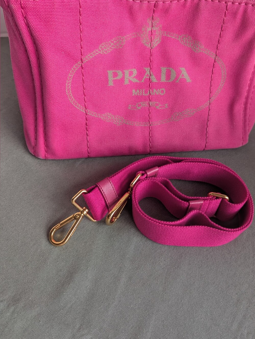 PRADA Pink Canapa Canvas PM Tote With Strap - Picture 14 of 16